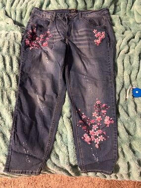 Embroidered Cherry Blossom Denim Jeans - Pink Floral